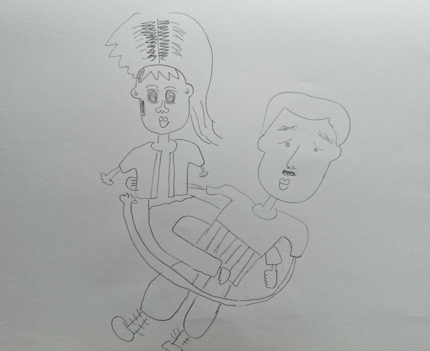 お絵かき 66合目 髪がプリンカラーで作業着を着た性別不明の子がおじさんに抱っこされている 藤松祥子 Note