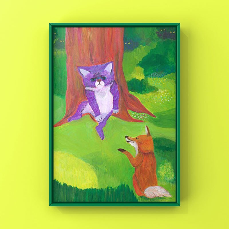 グリム童話「猫と狐」　100の技を知るキツネさんと1の技しかないネコさんのお話。森の中で出会ったキツネとネコ。それぞれの気持ちを表情に込めました。猫の出てくるお話をテーマにした展示に参加したときの絵。　