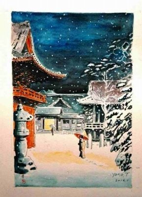 浮世絵風な水彩画 郡上の那比川