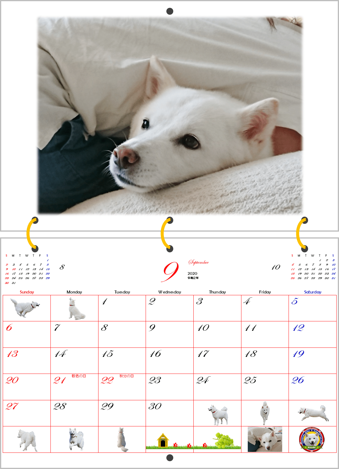 白い犬のカレンダー年9月 T Sbar57 Note