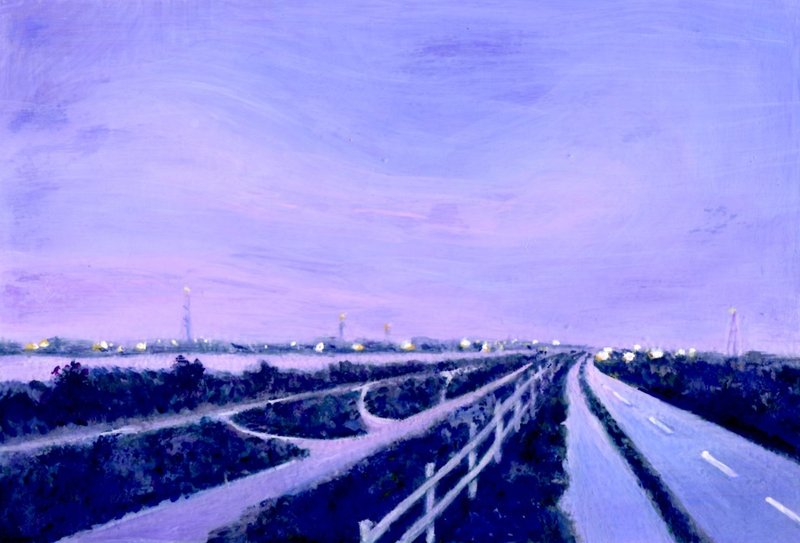 庄川の風景。夕方から夜になる美しい空の色を表現。アクリル画材。Ｏ号サイズ。