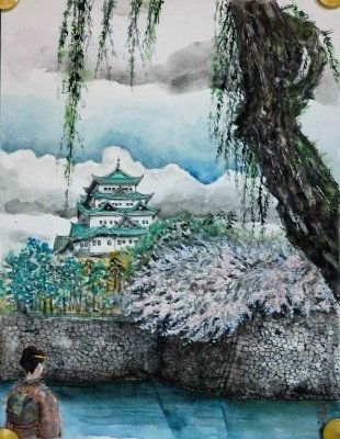 浮世絵風な水彩画 名城公園から見た名古屋城｜yorio-salon
