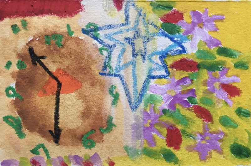  のこのこ時を刻む、息子が小学5年生のときに図工の時間に作った木製の時計。数字が彫刻刀でたどたどしく彫ってある。色塗りもちっともきれいでなくて。途中で集中が途切れた感じ。でも、スキ。今も居間の壁でのこのこ時を刻む。野地草は、90歳の叔母の修道院で作られているカレンダーの貼り絵。10月は吾亦紅とノコンギクが描かれていて、毎日秋を感じる。のこのこ時計も叔母のように元気で私を見守ってくださいね。画題『のこのこ時計』