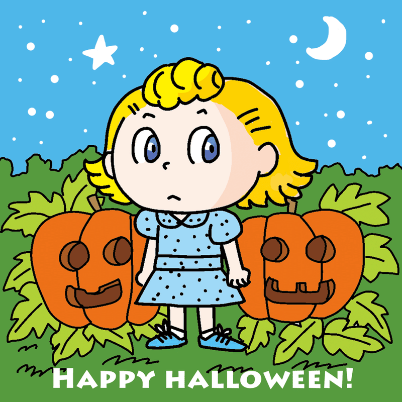 こんにちは！ハロウィンですね。昔、スヌーピーのマンガではハロウィンを「かぼちゃ大王の祭り」と訳していたんですよね。大王どこへ行った？チャーリーブラウンの妹のサリーを描きました。＃かぼちゃ大王　＃peanuts　＃Halloween　#illustration 　＃sally