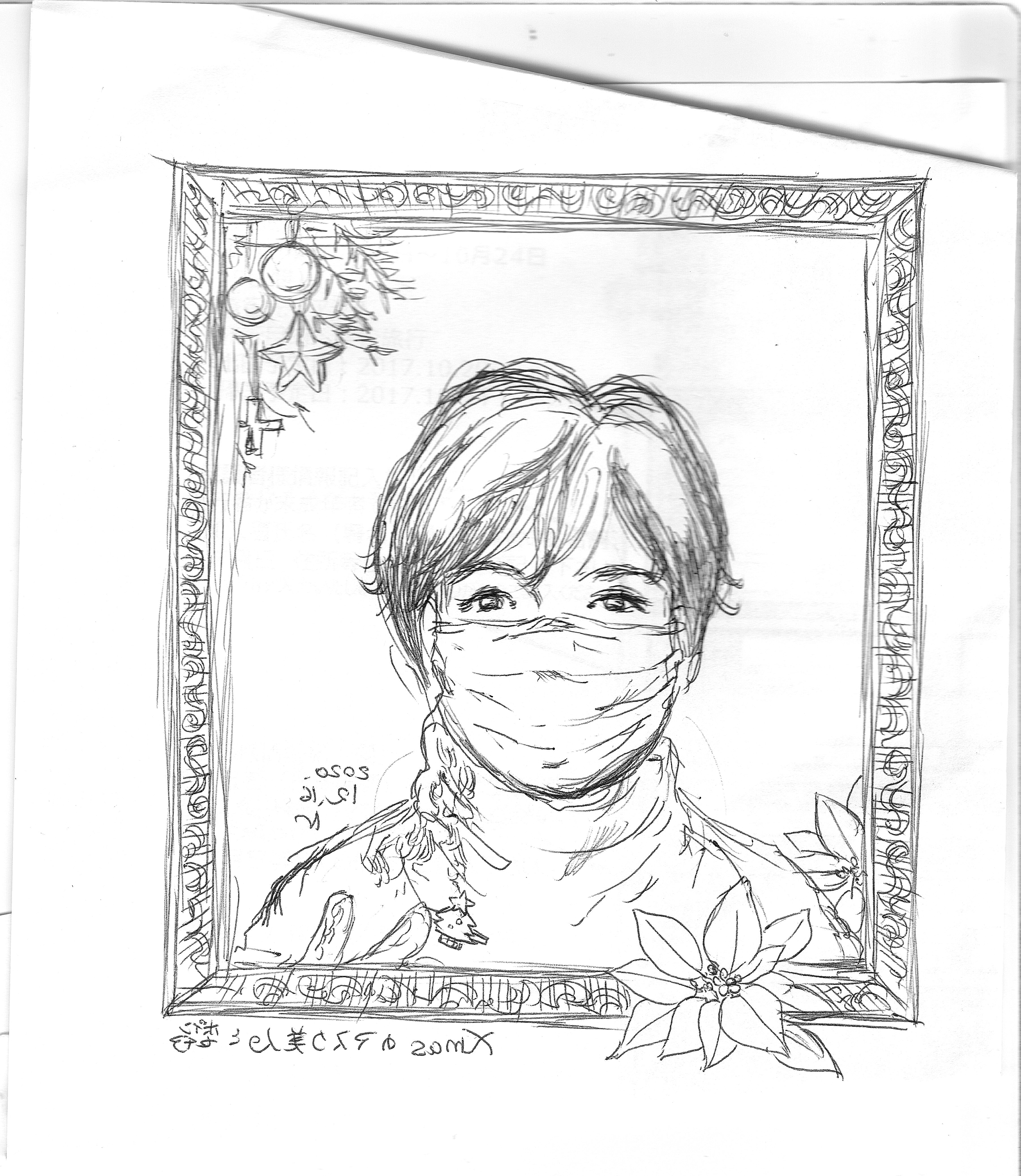 今日の手書きイラスト Xmasとマスク美人とポインセチア Oui N Note