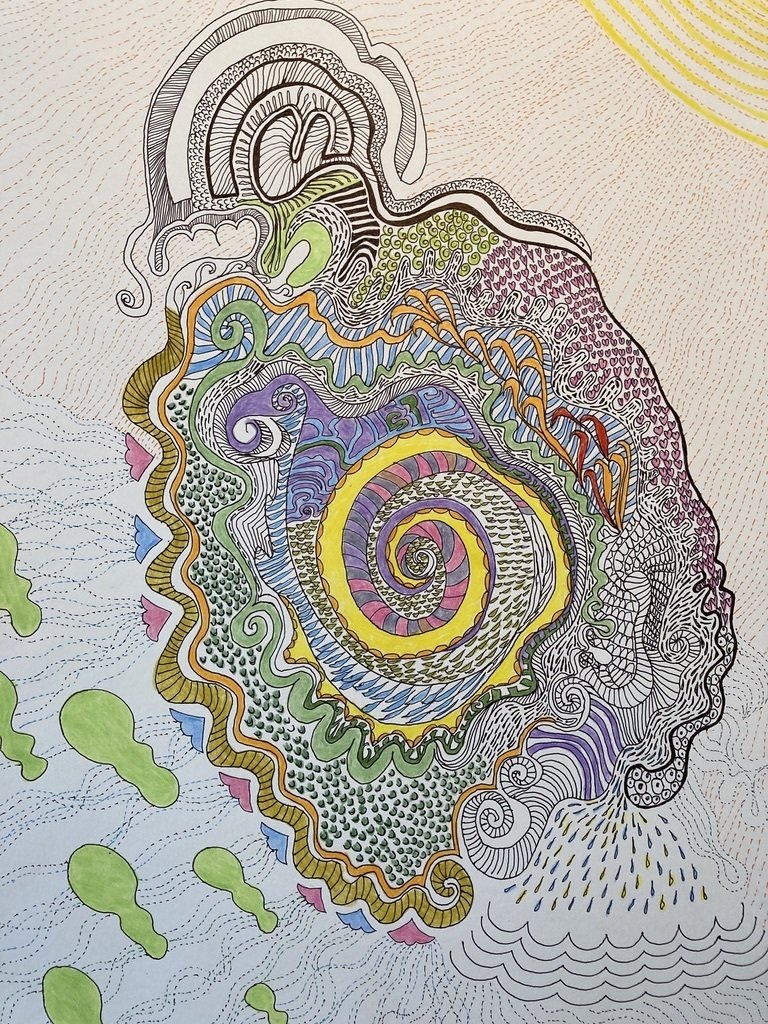 抽象画(ボールペン→色鉛筆→水彩絵具)はじまり〜完成 抽象画(ボールペン→色鉛筆→水彩絵具)はじまり〜完成