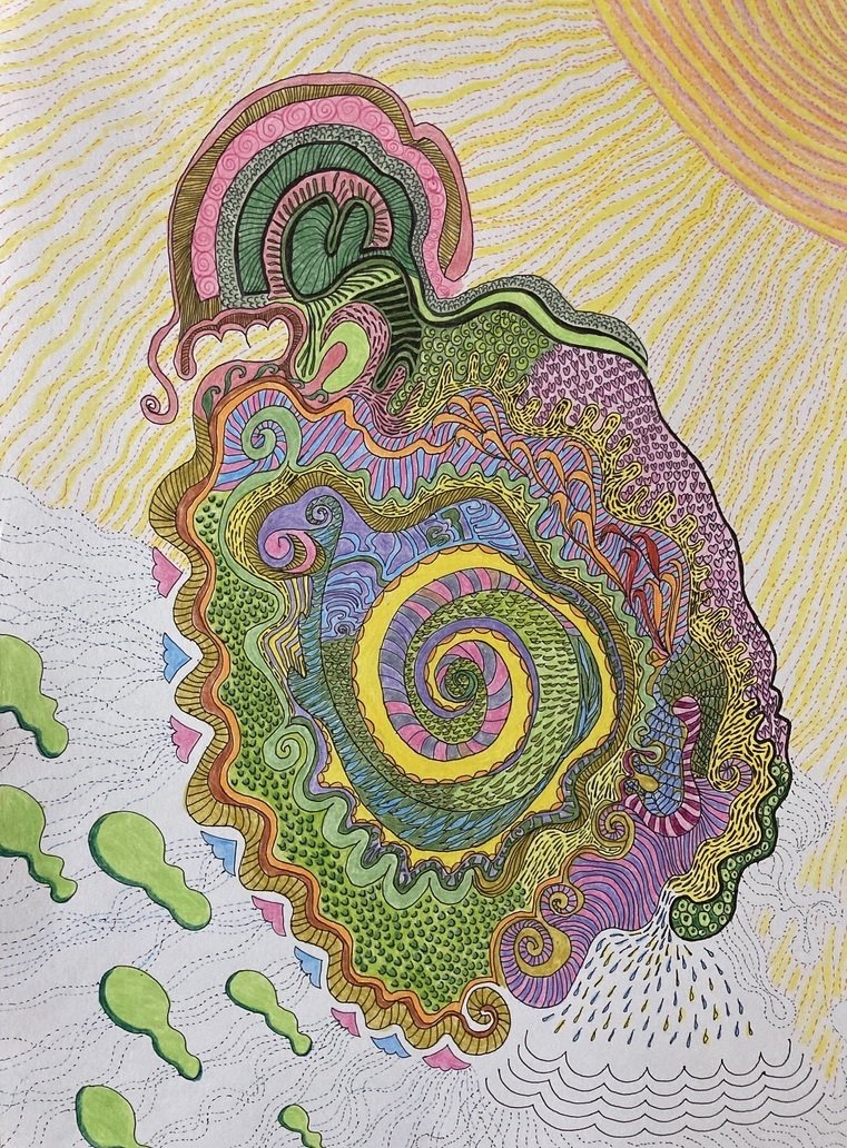 抽象画（ボールペン→色鉛筆→水彩絵具）はじまり〜完成