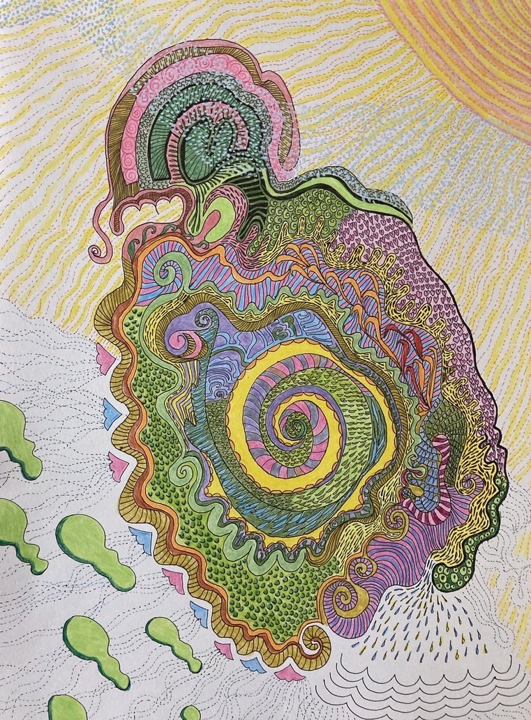 抽象画（ボールペン→色鉛筆→水彩絵具）はじまり〜完成 20200831