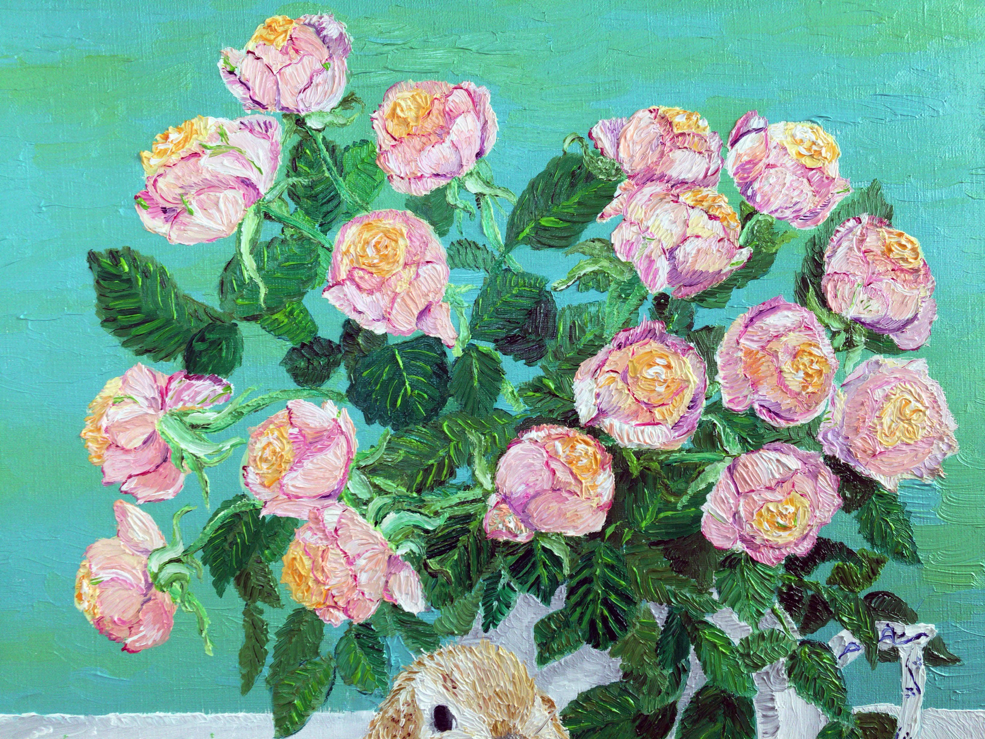 油彩画「バラと仔ウサギ」を描きました|芸術 絵画|雨星立夏 油彩画「バラと仔ウサギ」を描きました|芸術 絵画|雨星立夏
