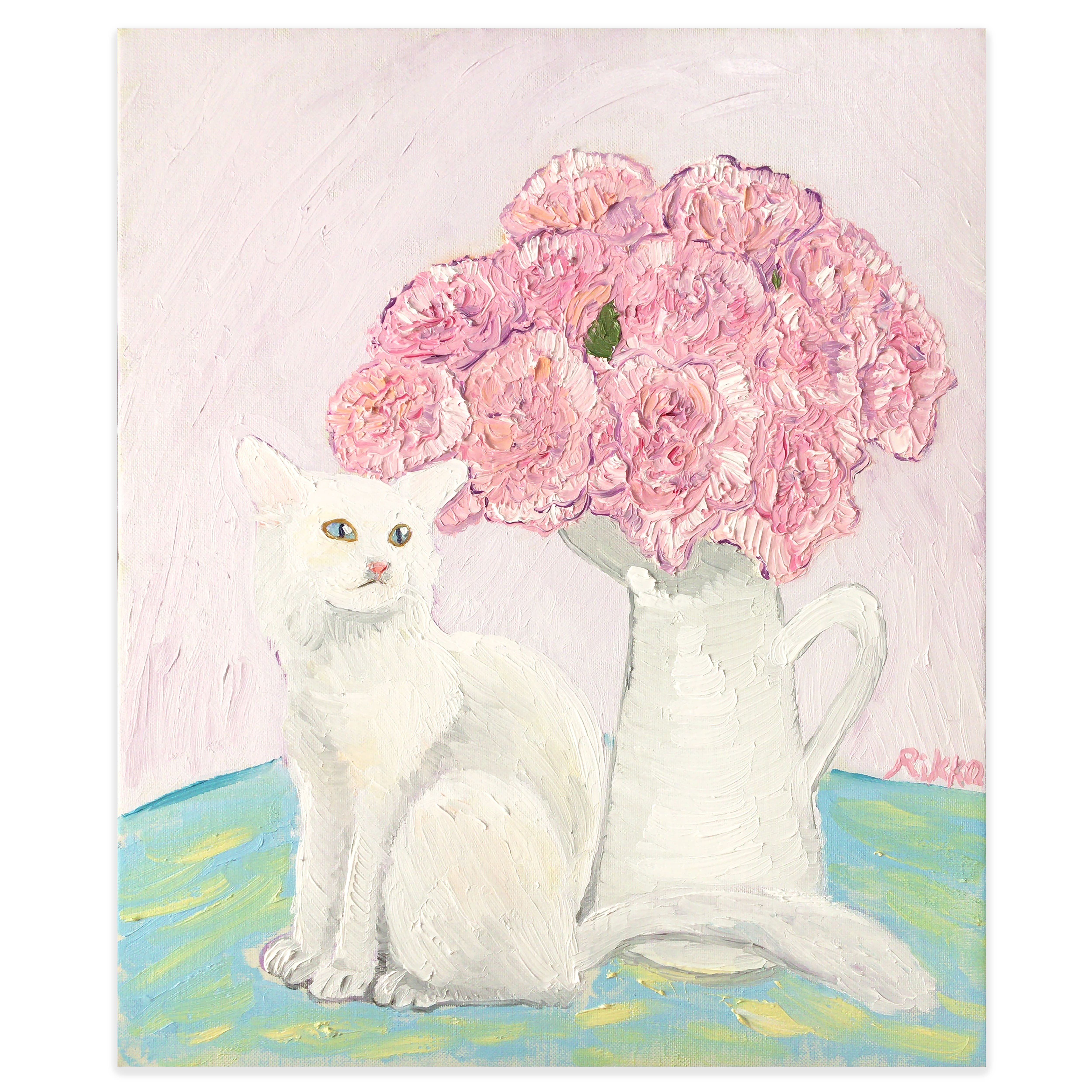 油彩画「白猫とカーネーション」を描きました|芸術 絵画｜雨星立夏 