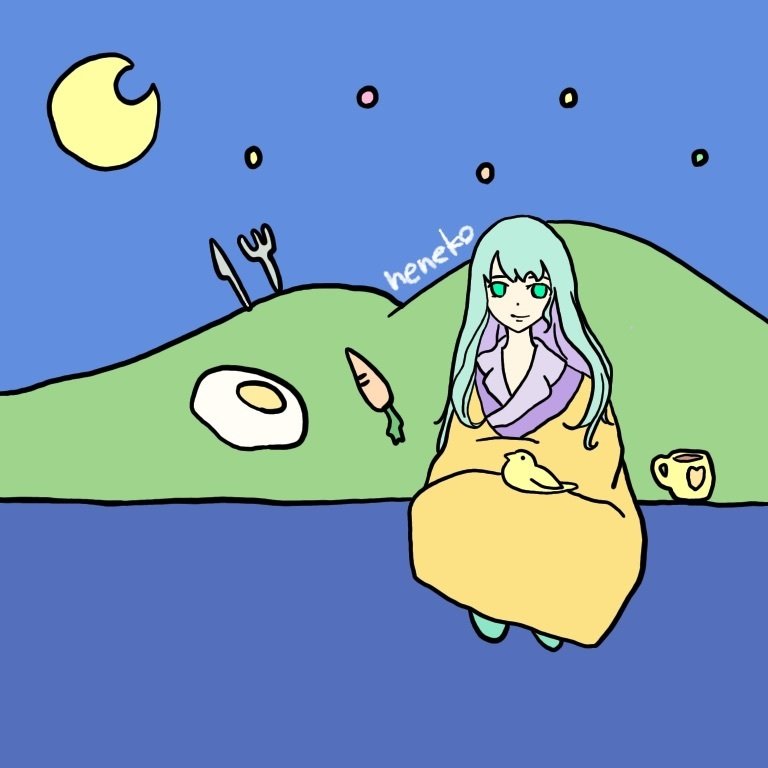 膝に鳥を乗せながら、夜ご飯について考えたら幸せそうだなーと思って描きました。