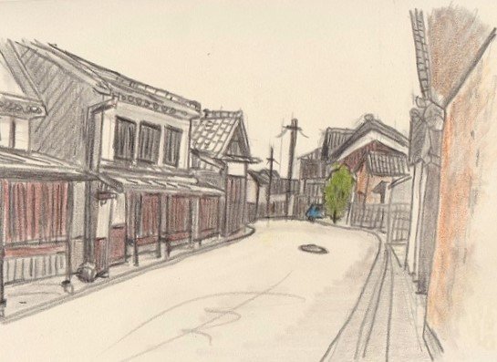 絵を描く手帖「泉州の街道筋」を鉛筆でスケッチ｜水彩スケッチ帖