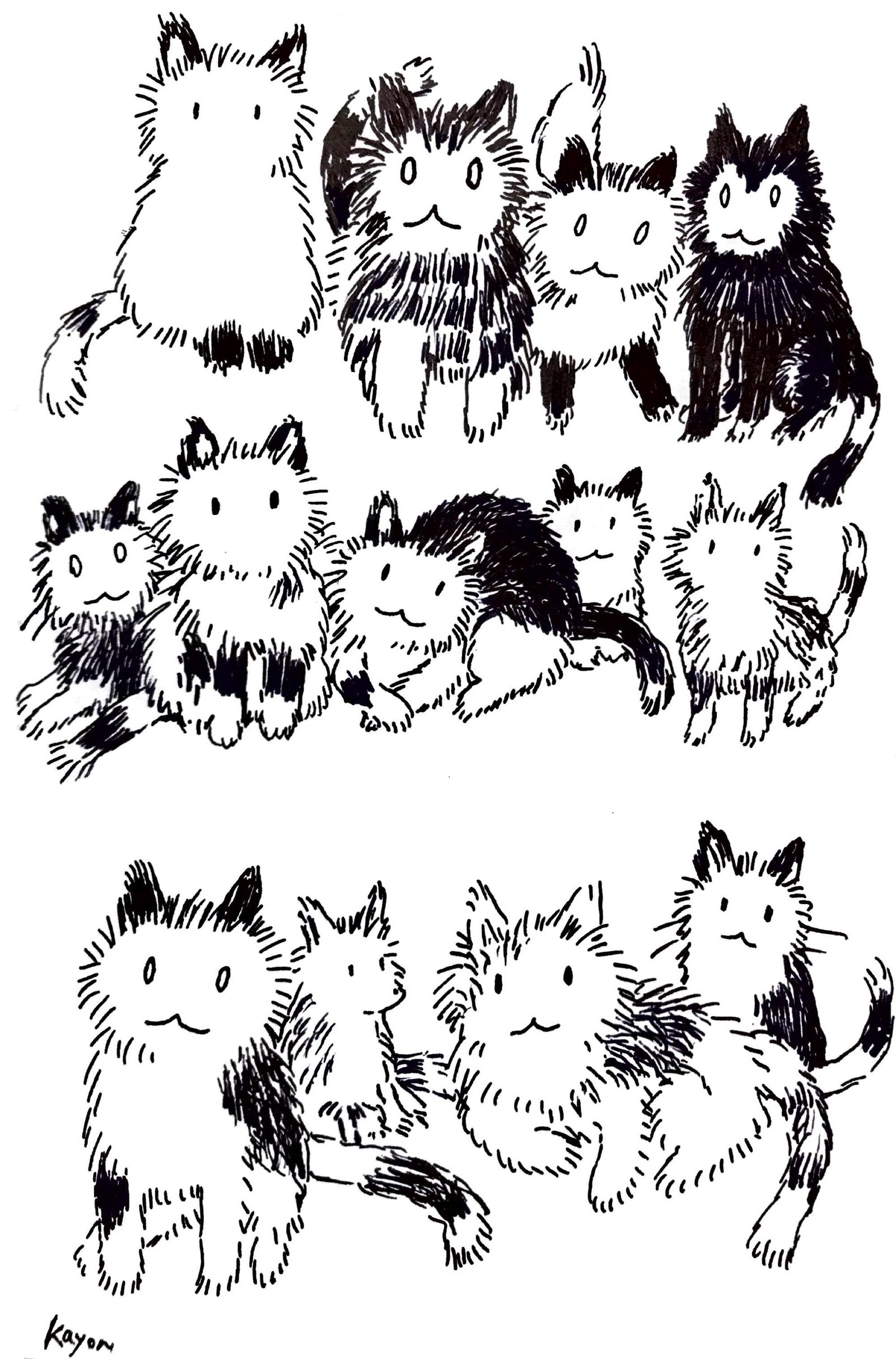 もしゃもしゃ動物の絵38 ペン画 ねこ達13 かよん Note