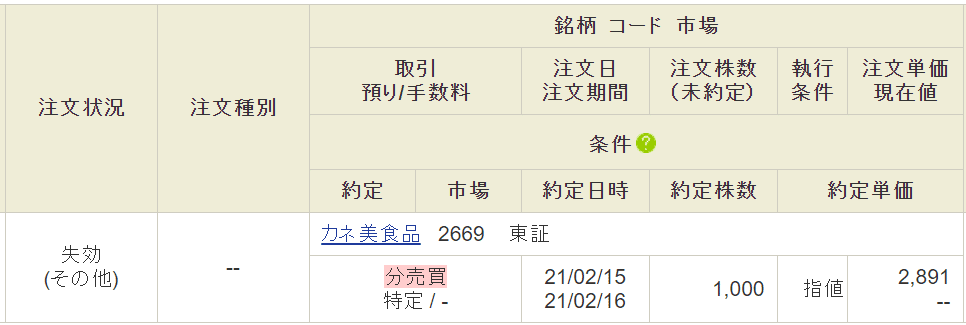 【立会外分売】カネ美食品（2669）抽選結果-落選