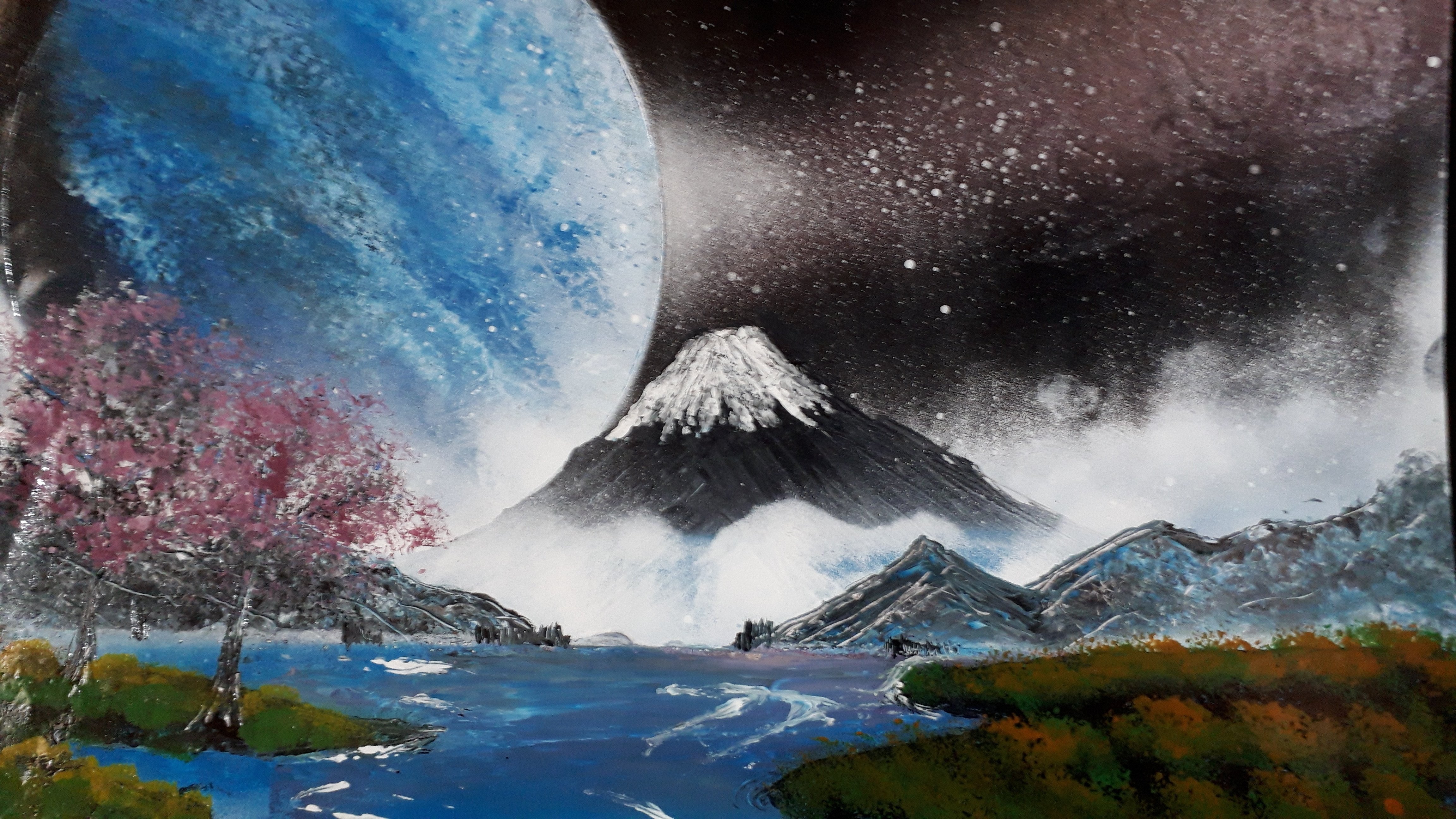 風景画 山と花畑 アクリル　スプレーアート 風景画 山と花畑 アクリル スプレーアート 風景画 山と花畑 アクリル