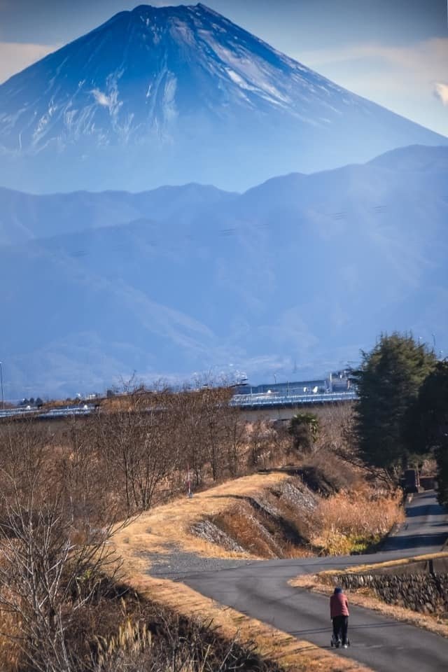 かつての甲州街道（大正時代にあっては国道）を富士の借景の構図で撮影しているところ，老婆がゆっくりと家路に向っていきました．