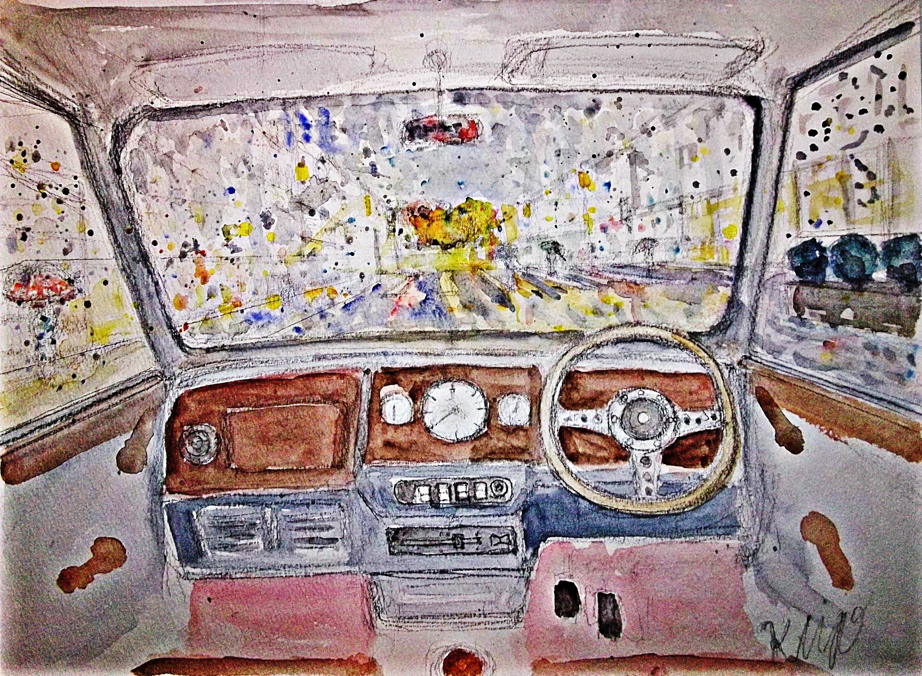 仮タイトル「雨の夜の街フロントガラス越しの景色」｜塚本紀世一（水彩