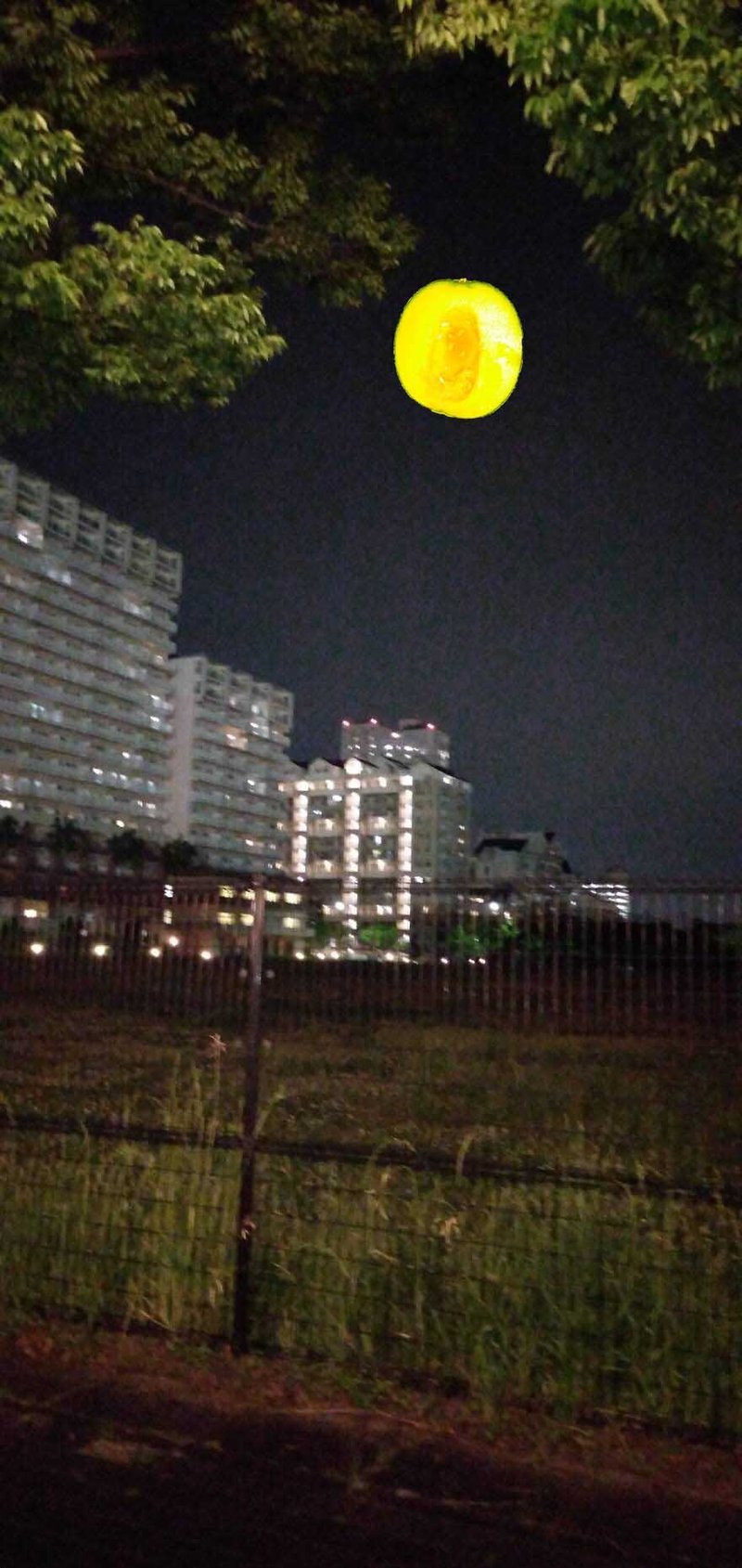 昨夜のスーパームーンを心待ちにしていた母＠神戸から、①満月が観られるはずだった位置からの夜景写真と、②このメロンが夜空にあったら甘いスーパームーン！とかって写真が２枚送られてきたので、娘（私）がPhotoshopを使って作ってみました。ご笑納ください。