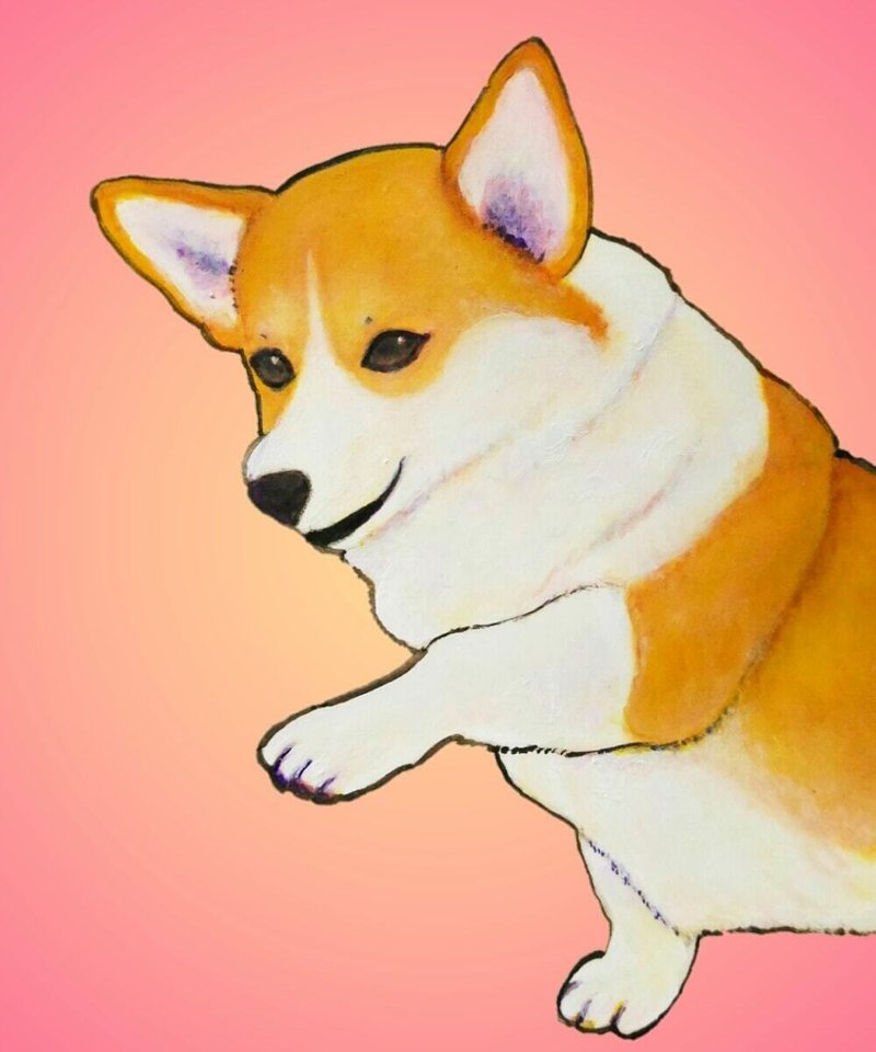 前足を差し出すコーギーのイラストです🐶ごほうびのためなら、前足を差し出すことはいといません。画材　リキテックス