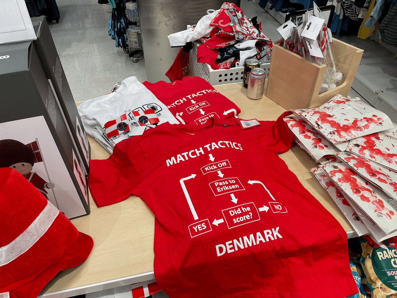 そうそう、スーパーでこちらの応援Tシャツを見つけました。「エリクソンにパスをしてゴールする」という戦略をフローチャートにしているのですが、要のエリクソンが不在😭 このTシャツをデザインした人は、まさかエリクソンが欠場になるとは想定したなかったんだろうな・・・。 画像3