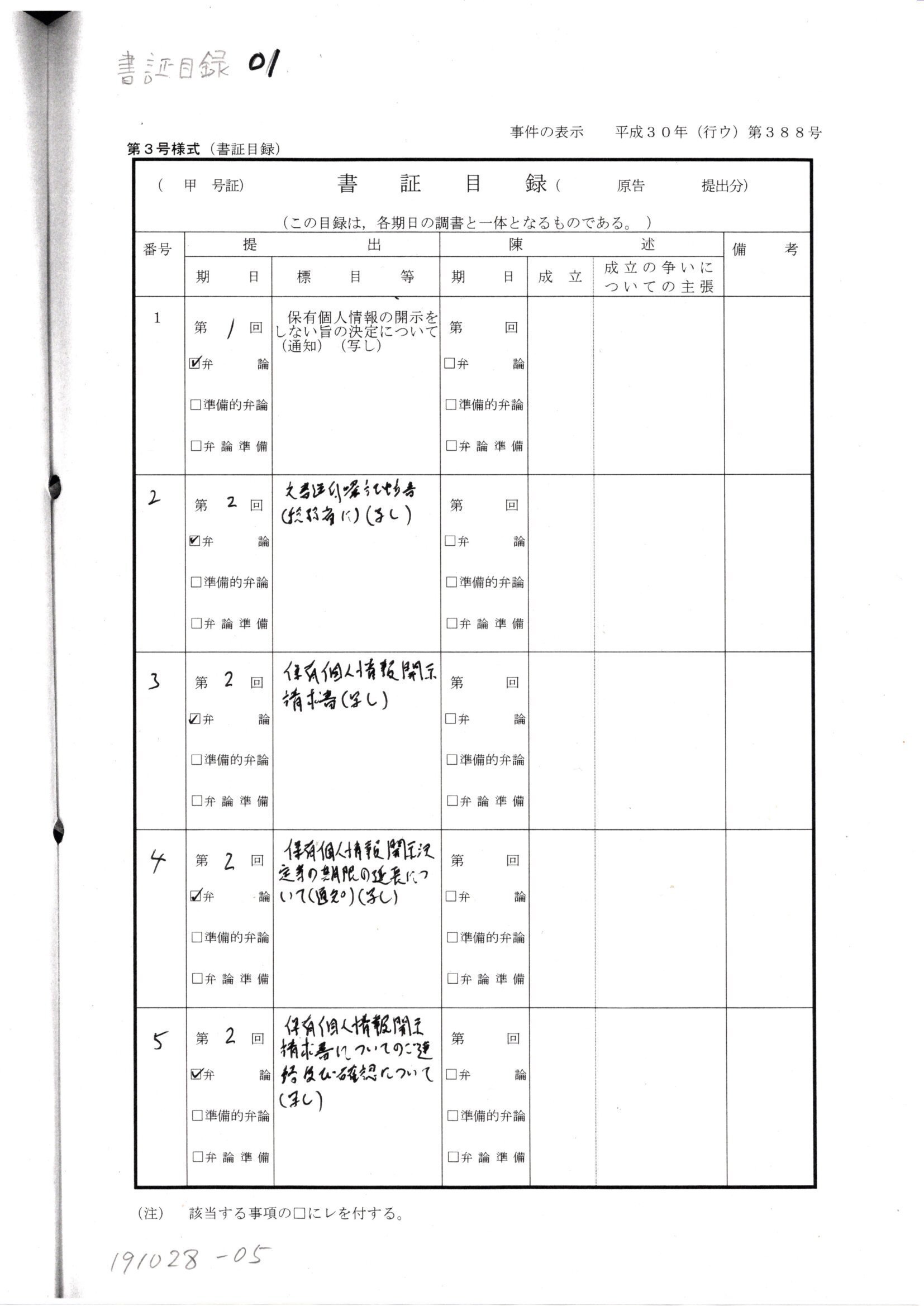 note版 NN 191028 #書証目録 #飯高英渡書記官 #H300514山名学 note版 NN 191028 #書証目録 #飯高英渡書記官 #H300514山名学