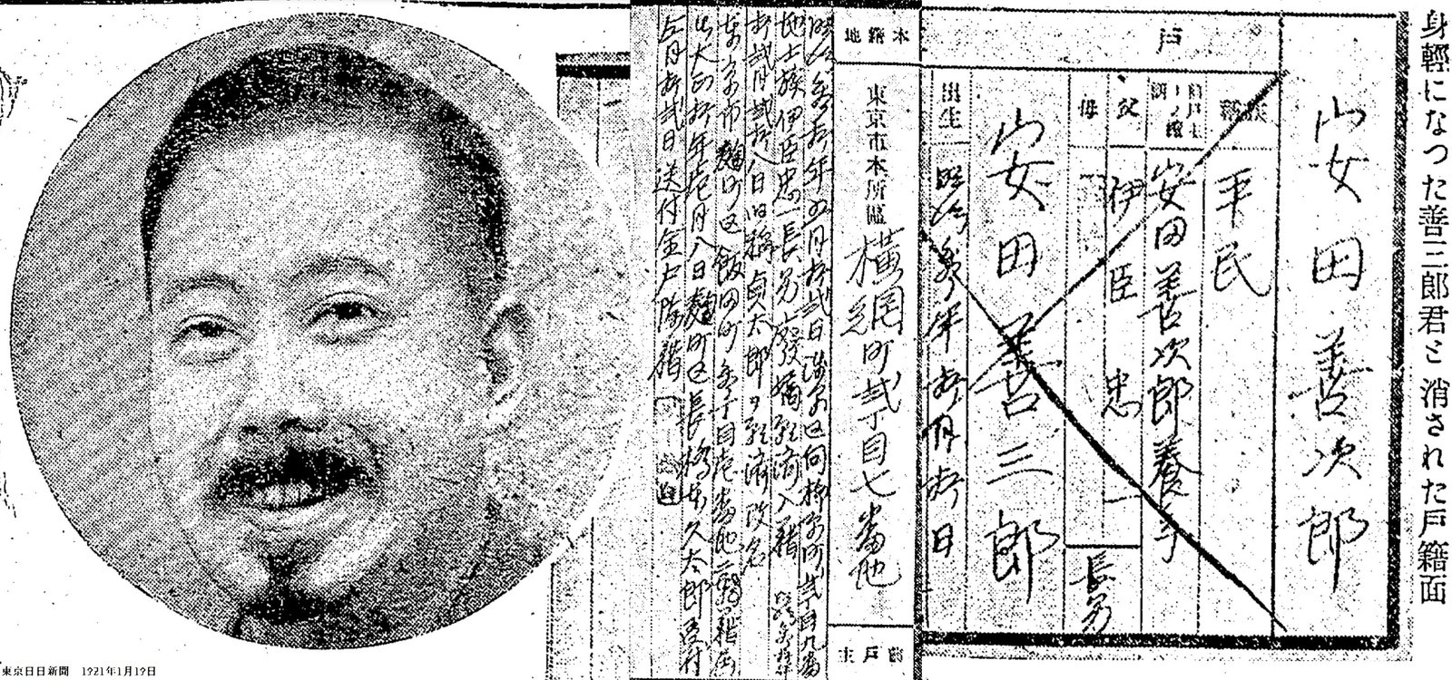 【百年ニュース】1921(大正10)1月18日(火) 安田善三郎が安田善次郎の戸籍から除籍されたと報じられる。本所横網の安田本邸から1月8日に