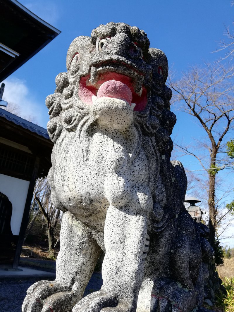 作られた時代のせいか、狛犬のイメージが作者によってずいぶん違うのか、田舎だからなのか分からないが、鼻の穴と目の大きさの比率がほとんど同じこれはどう見てもイケメンとは言えない。主観だけどね