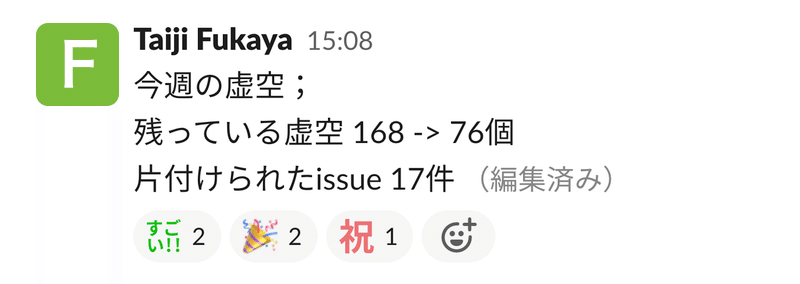 slackでの報告:今週の虚空;残っている虚空 168 -> 76個 片付けられたissue 17件 リアクション:「すごい」「祝」