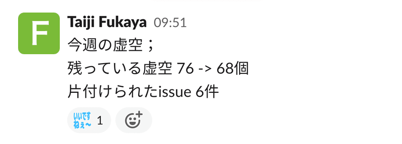 slackでの報告:今週の虚空;残っている虚空 76 -> 68個 片付けられたissue 6件 リアクション:「いいですねぇ〜」