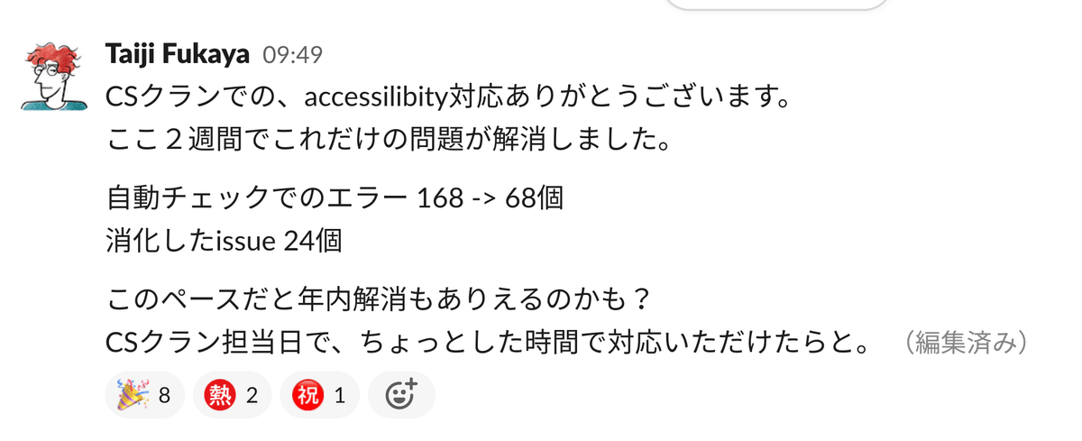 Slackでの呼びかけ:CSクランでの、accessilibity対応ありがとうございます。ここ2週間でこれだけの問題が解消しました。自動チェックでのエラーが168から68個。消化したissueが24個になりました。このペースだと年内解消もありえるのかも?CSクラン担当日で、ちょっとした時間で対応いただけたらと。