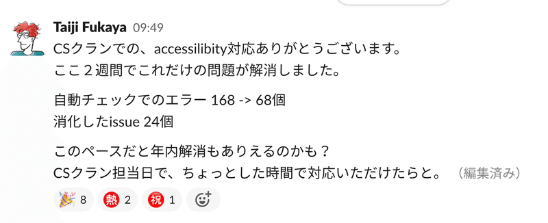 Slackでの呼びかけ:CSクランでの、accessilibity対応ありがとうございます。ここ2週間でこれだけの問題が解消しました。自動チェックでのエラーが168から68個。消化したissueが24個になりました。このペースだと年内解消もありえるのかも?CSクラン担当日で、ちょっとした時間で対応いただけたらと。