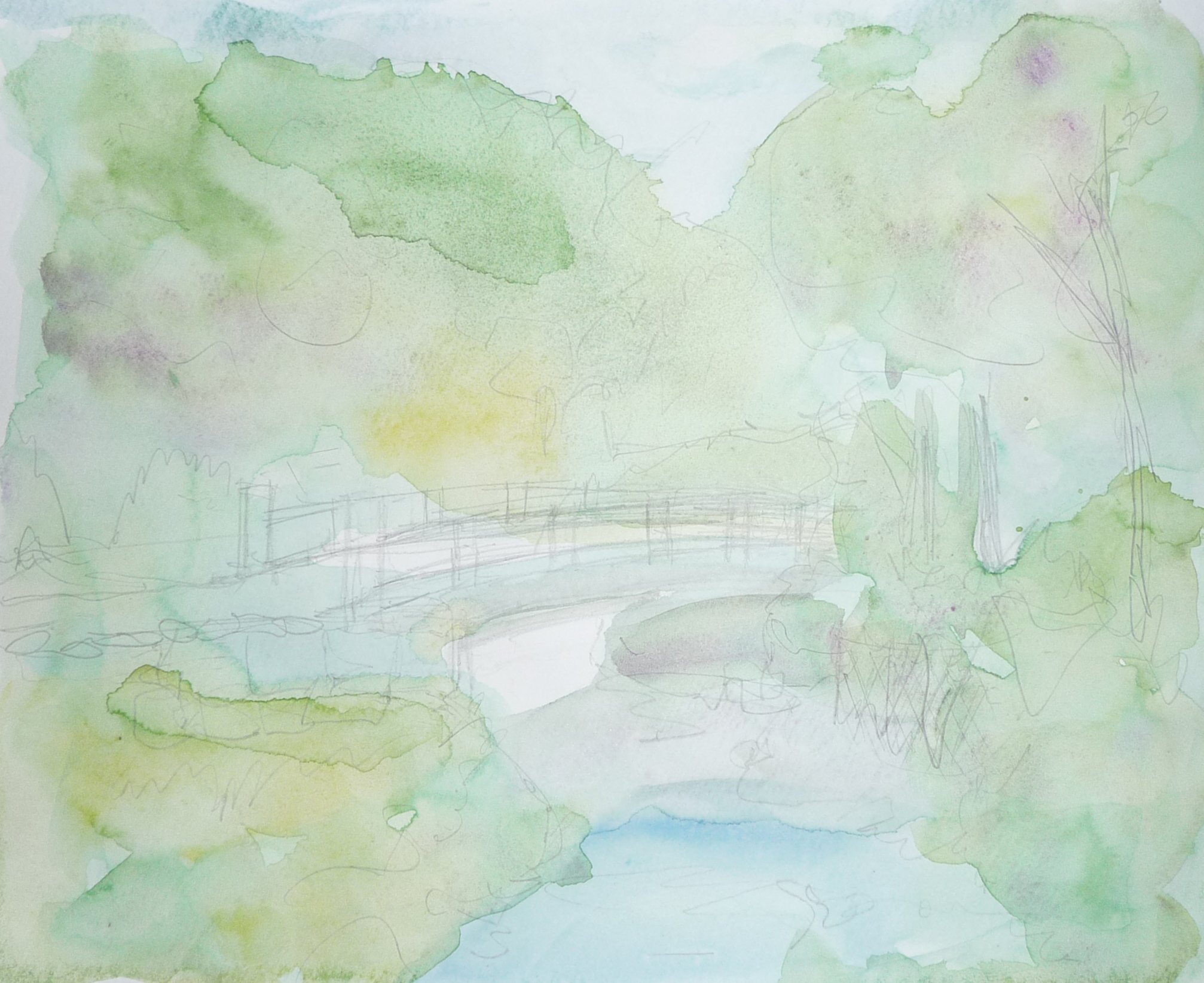 橋のある風景 水彩画 11月7日 アカアシ Note