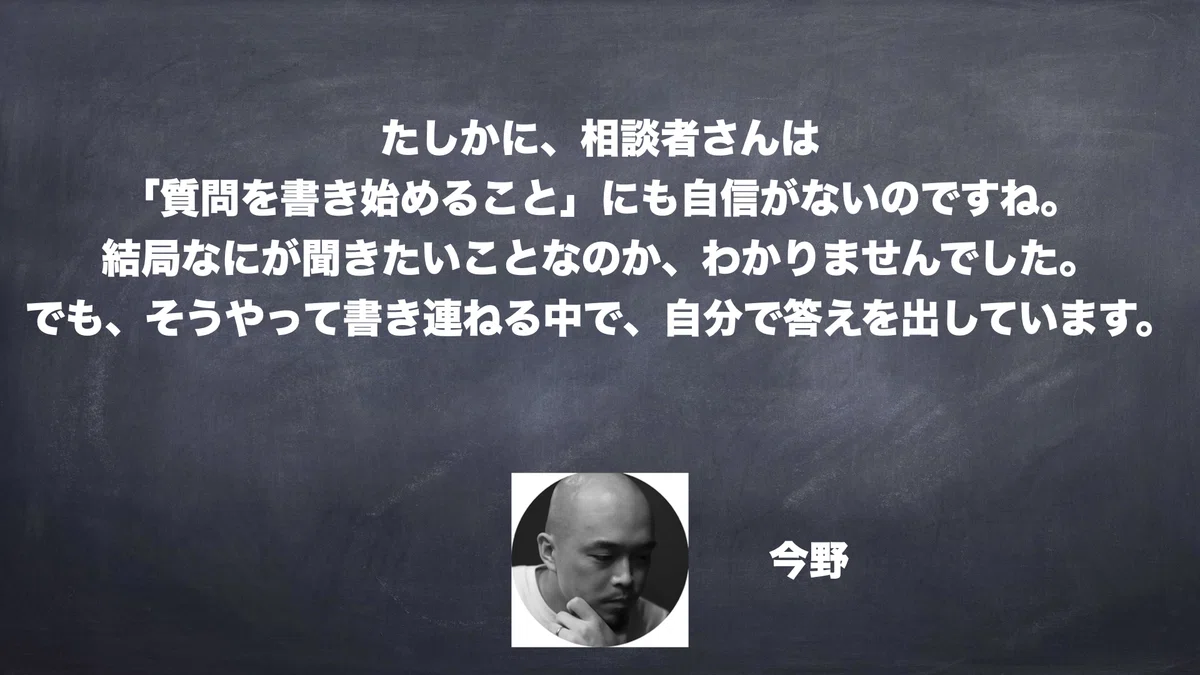 たしかに、相談者さんは「質問を書き始めること」にも自信がないのですね。結局なにが聞きたいことなのか、わかりませんでした。でも、そうやって書き連ねる中で、自分で答えを出しています。