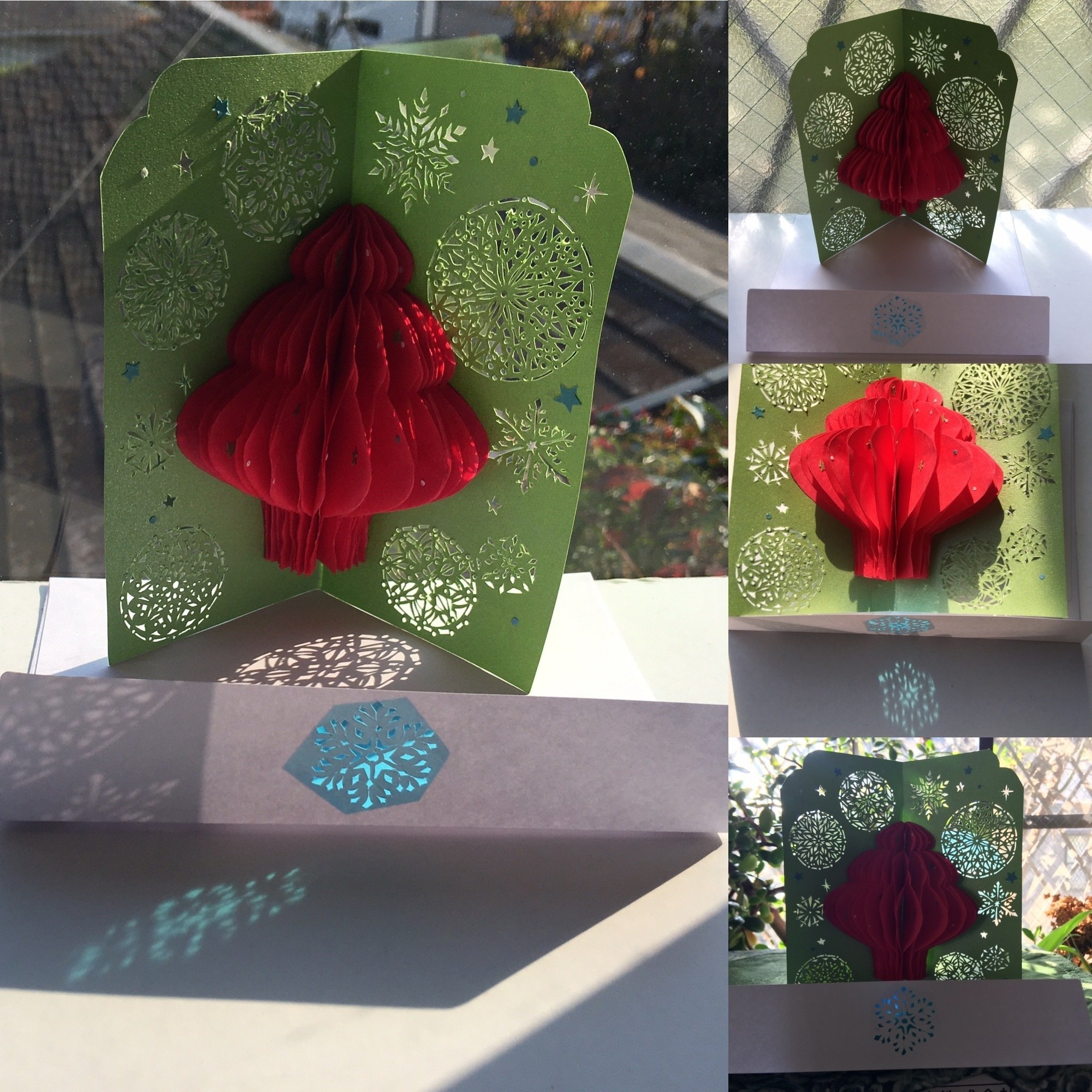 切り絵アート 折りたたみクリスマスツリー 赤 大 と雪の結晶グリーティングカード Frau Schnitt Note