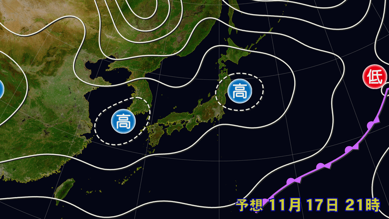 東シナ海と日本の東に中心を持つ高気圧に覆われる見込みです