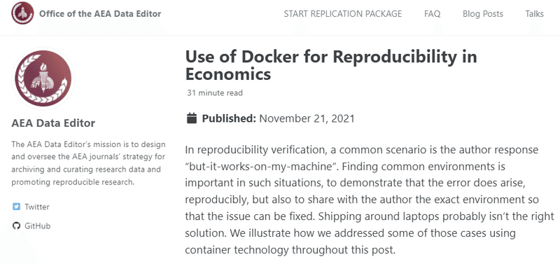 AEA Data Editor, Use of Docker for Reproducibility in Economics