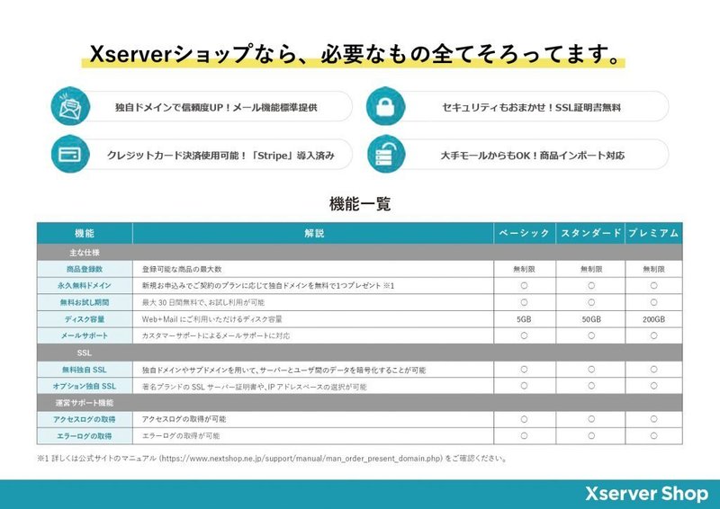 Xserverショップの機能一覧①