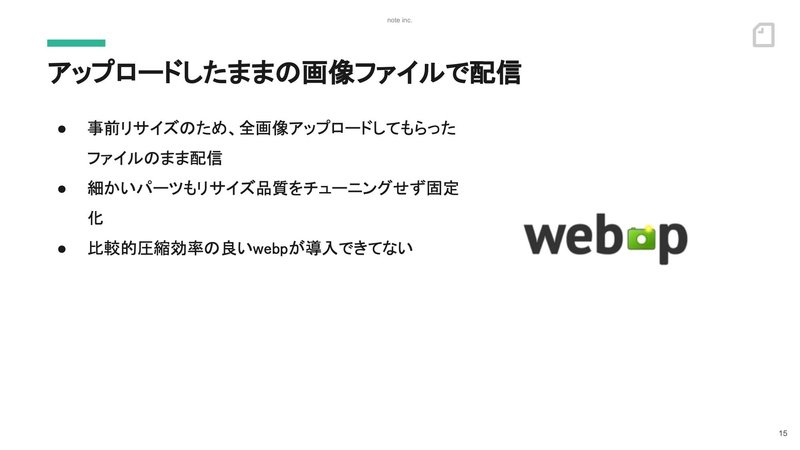 スライド：アップロードしたままの画像ファイルで配信。事前リサイズのため、全画像アップロードしてもらったファイルのまま配信。細かいパーツもリサイズ品質をチューニングせず固定化。比較的圧縮効率の良いwebpが導入できてない。