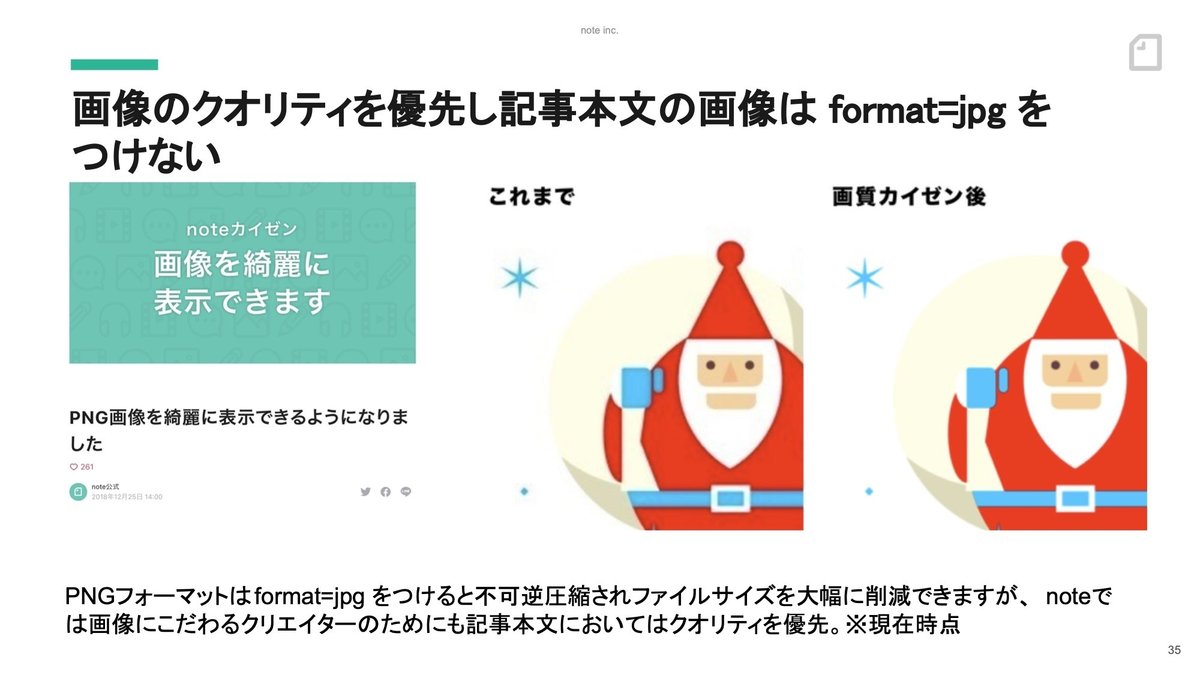 スライド:画像のクオリティを優先し記事本文の画像は format=jpg をつけない。PNGフォーマットはformat=jpg をつけると不可逆圧縮されファイルサイズを大幅に削減できますが、noteでは画像にこだわるクリエイターのためにも記事本文においてはクオリティを優先。※現在時点