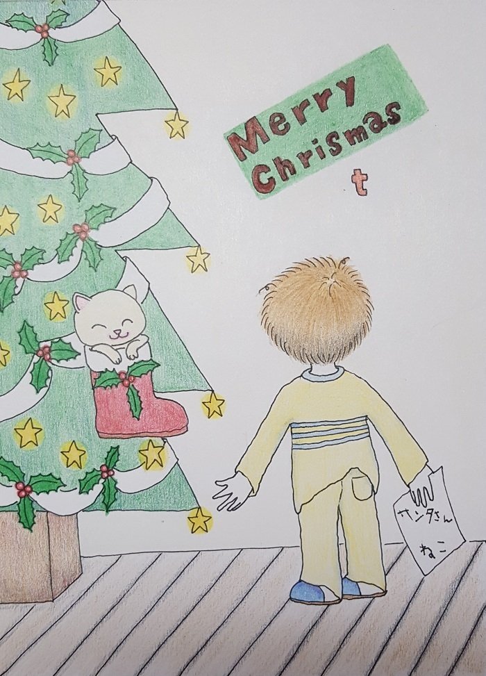 昨日、投稿したイラストを色鉛筆で描いてみました。完成！と思った後に