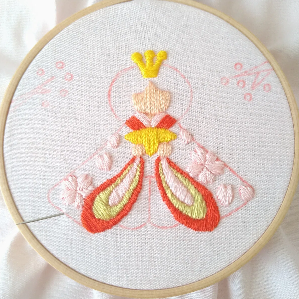 ひなまつりの刺繍枠キットを作ろう? ステップ14 〜着物の刺繍1 