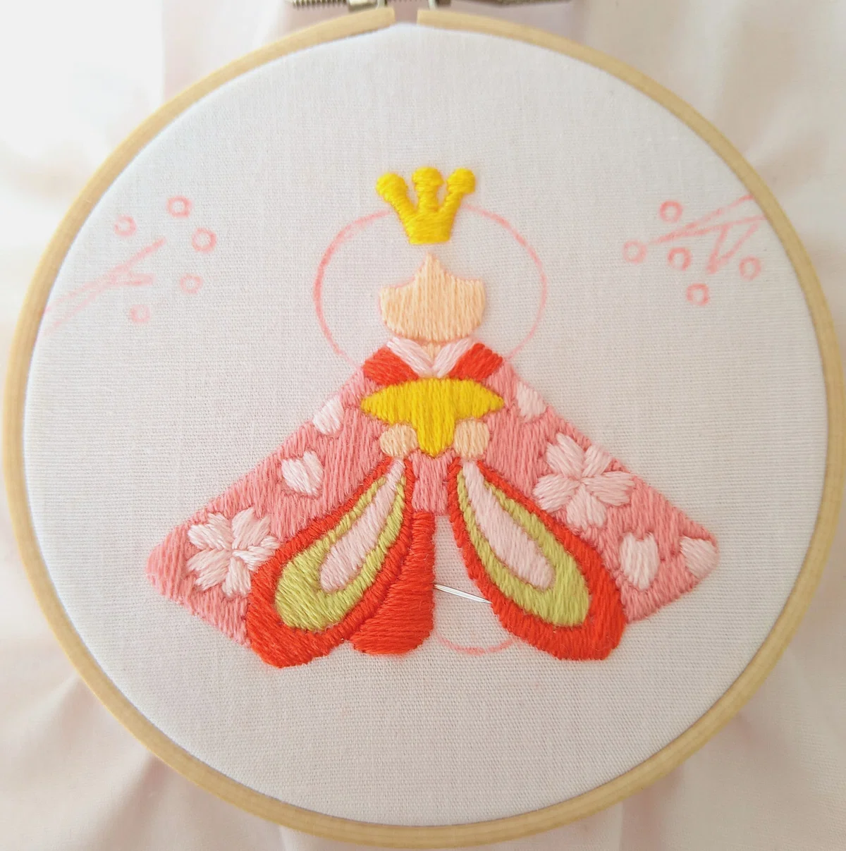 ひなまつりの刺繍枠キットを作ろう? ステップ17 〜袴の刺繍2 