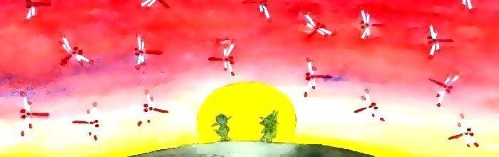 ピピのつばさ　赤トンボの舞う夕焼けの丘に立つ、ピピとリスのチキチキ。