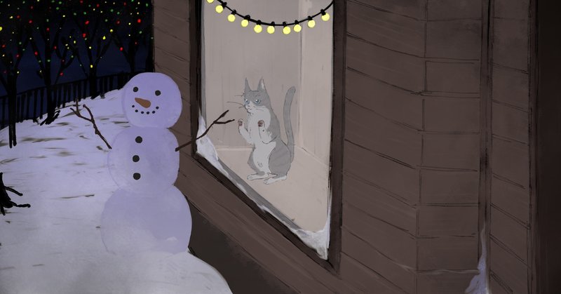 猫が窓からのぞいている絵。外には夜空と雪だるま