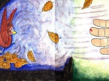 ピピのつばさ ピピを、見つけたリンゴさんは。ピピを、助けようとして、うろの中へと手を差し入れます。しかし、森の中で、怖い思いをして生きてきたピピは。差し出されたリンゴさんの手を、口ばしでつついて攻撃してしまいます。