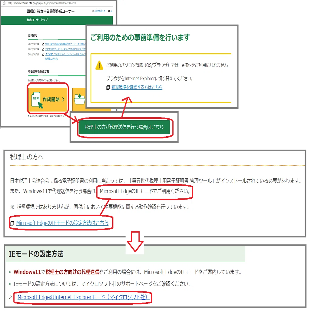 確定申告書等作成コーナーをMicrosoft Edge の Internet Explorer