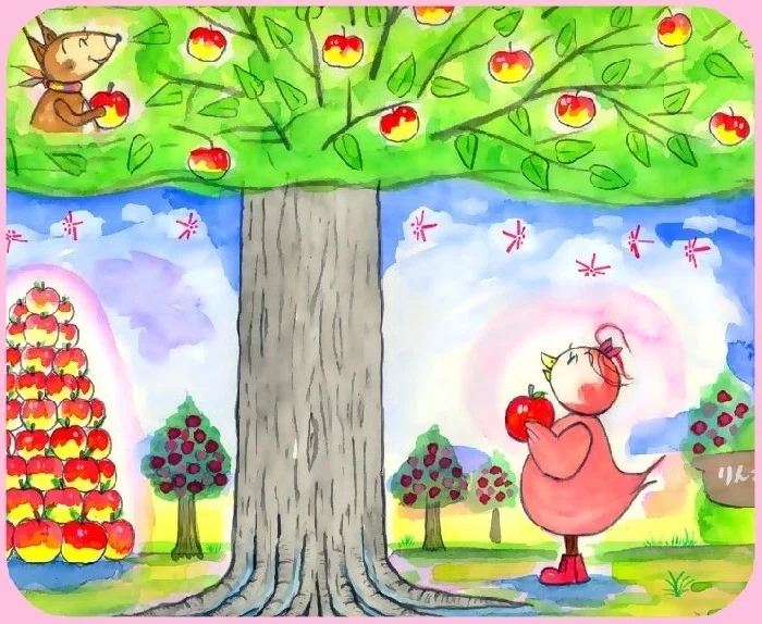 ピピのつばさ リンゴさんのリンゴ畑で、リンゴの収穫をするピピとリスのチキチキ。