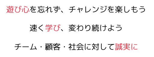 遊び心を忘れず、チャレンジを楽しもう。速く学び、変わり続けよう。チーム・顧客・社会に対して誠実に。