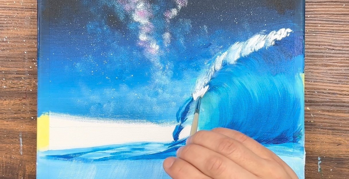 ラッセン　絵の具とハケ アクリル絵の具で「銀河と波と鯨」を描いてみた｜junya_art