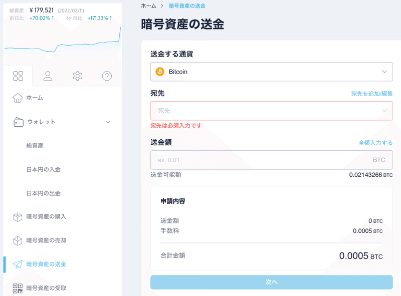 「STEPN始め方」「仮想通貨入金」の画面になります。ネットワークの「ビットコイン」を選択する画像